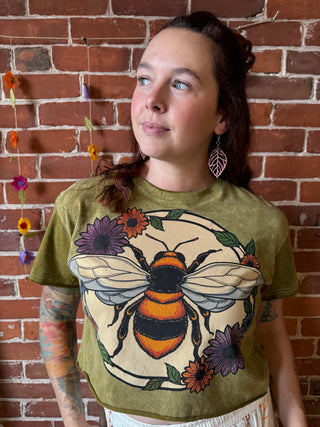 Cotton Bee Flower Stone Wash Cropped Tee -Fair Trade Made