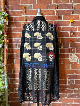 OOAK Summer Collection- Upcycled Grateful Dead Inspired Lace Button Up Tunic Top