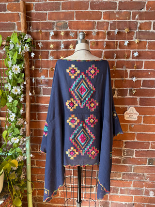 The Wandering Bloom Layer - Navy - Upcycled Embroidered Poncho