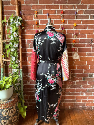 OOAK Summer Collection- Upcycled Long Silky Kimono Robe with Kantha Bell Sleeves