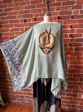 Grateful Dead Inspired Sage/Brown Embroidered Poncho