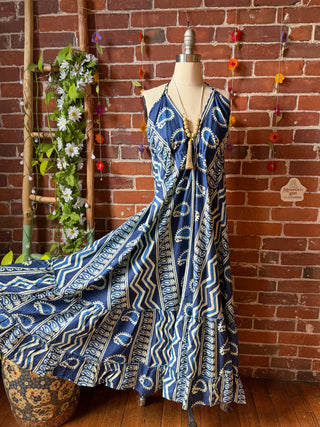 Size Small-Medium Blue Meadow Mosaic 100% Cotton Halter Dress - Fair Trade Made