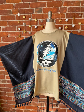 Upcycled Grateful Dead Inspired Navy Embroidered Poncho Tassel Top