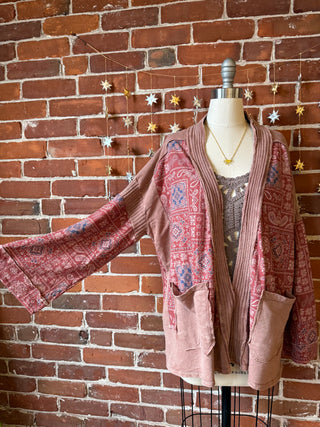 Stone Washed Patchwork Paisley Bohemian Cardigan - Clay