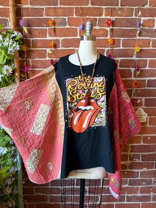 OOAK Summer Collection- Upcycled Rolling Stones Kantha Poncho Tee