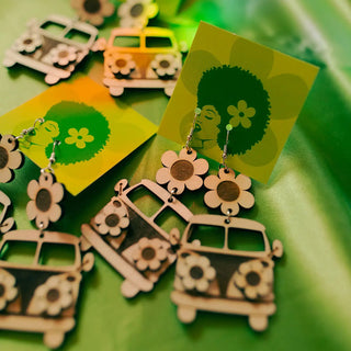 Retro Wooden Vintage Flower Van Bus Earrings - Small Business Made In Delaware- Final Sale