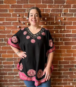 Artemis Batik Long Tunic Top - Black/Pink