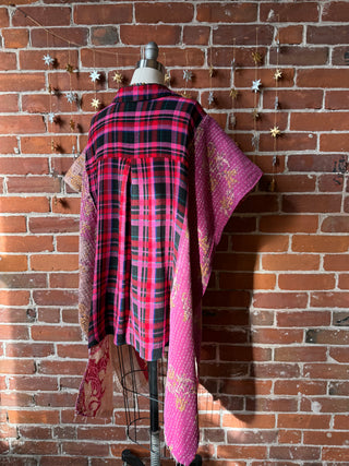 Upcycled Plaid Button Up Hi Lo Kantha Poncho Top