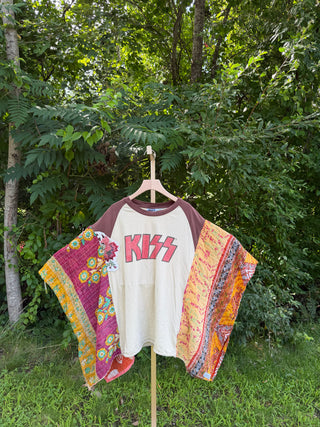 OOAK Summer Collection- Upcycled KISS Inspired Vintage Embroidered Flower Patch Kantha Poncho Tee