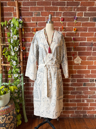 Silver + White Mandala Long Tapestry Robe Kimono w/ Pockets + Belt - Fair Trade Made
