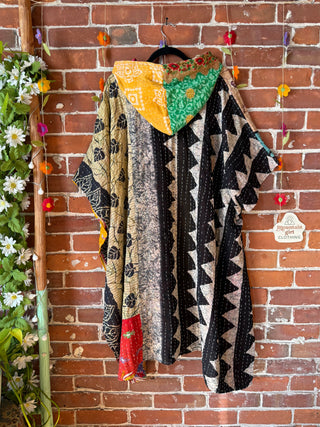 Mystery Print Autumn Sunset Patchwork Upcycled Kantha Hoodie Poncho Jacket- Fair Trade Made