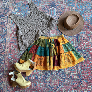 100% Cotton Boho Festival Patchwork Mini Skirt - Earth Tones
