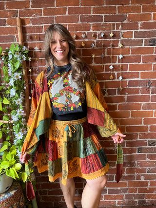 Organic Cotton Earth Print Patchwork Cropped Bell Sleeve Wrap Top