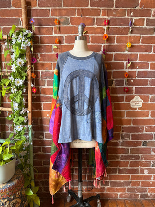 Peace Patch Upcycled Silk Patchwork Tie Dye Hi Lo Poncho Top