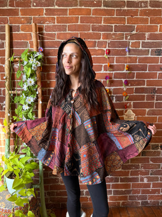 Autumn Earth Tones Patchwork Upcycled Cotton Hoodie Poncho Cape- Fair Trade Made
