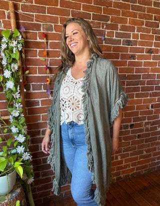 Wild Honey 100% Cotton Gauze Boho Fringe Kimono Layer - Multiple Colors Available