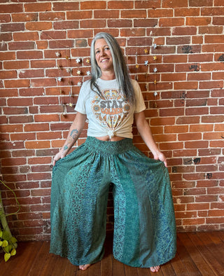 Aurora Flowy Patchwork Wide Leg Palazzo Pants - Earthy Greens