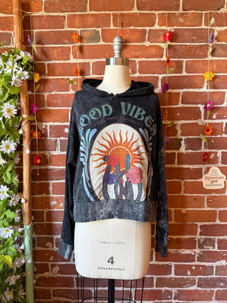 Good Vibes Cactor Flower Sun Cropped Hoodie Sweatshirt - Fair Trade Made - 100% Cotton