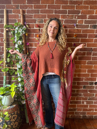 Upcycled Chenille Hi Lo Kantha Poncho Sweater