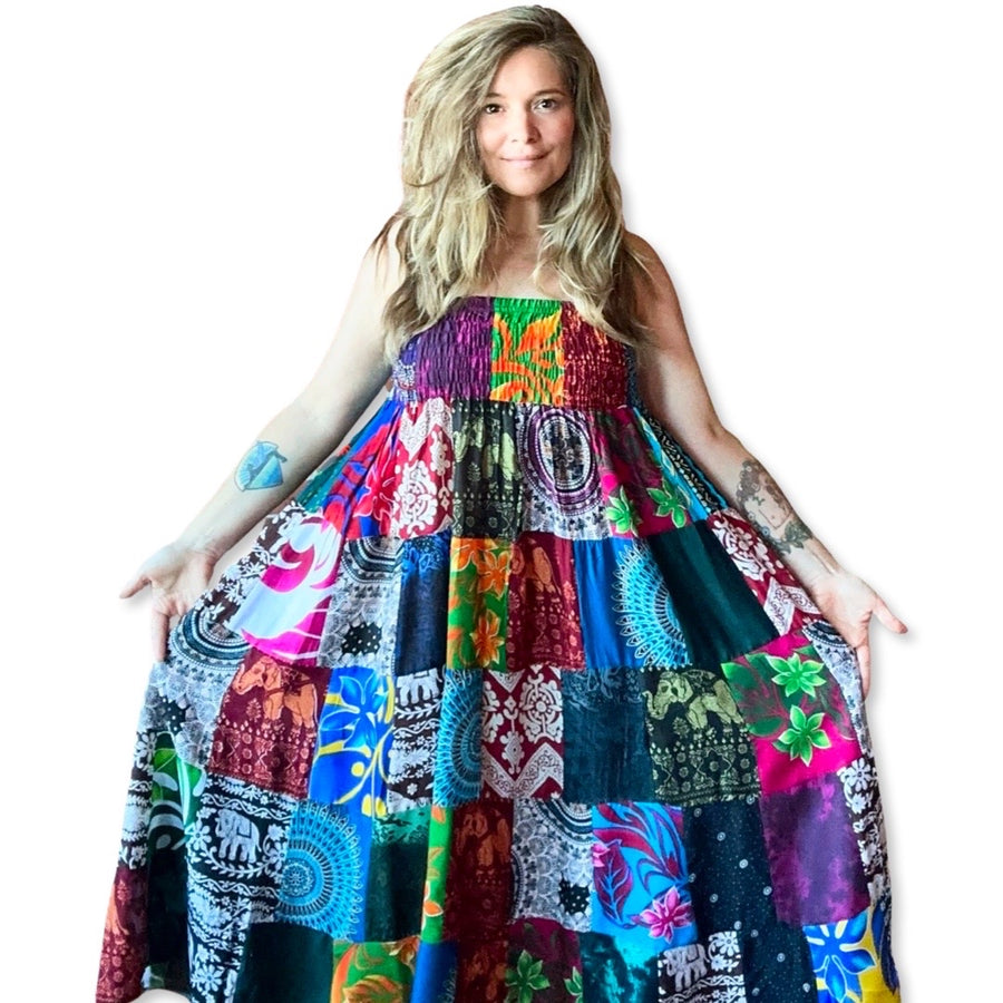 Free Size. The Tula Skirt / Dress -Ruched Waistband Patchwork Boho Festival Spin Skirt / Dress