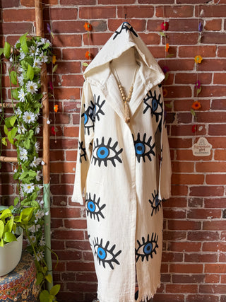 Evil Eye Blue 100% Cotton Hoodie Kimono Robe  - Fair Trade Made