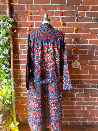 Blue + Red Long Tapestry Robe Kimono w/ Pockets + Belt - Fair Trade Made