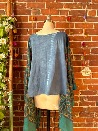 OOAK Autumn Collection- Batik Hippie Bus Teal Boho Print Hi Lo Poncho Top