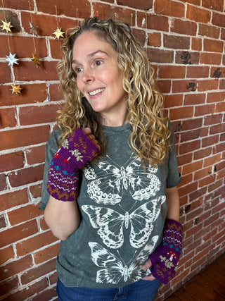 Mushroom Fair Isle Fleece Lined Wool Handwarmers / Fingerless Gloves