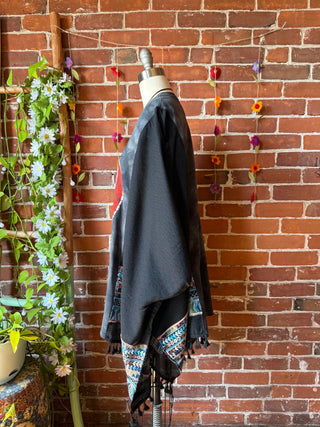 Grateful Dead Inspired Batik Stealie Embroidered Black Poncho