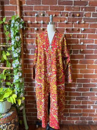 Red + Yellow Mandala Long Tapestry Robe Kimono with Pockets and Belt