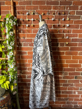 Black + Gray Mandala Long Tapestry Robe Kimono with Pockets and Belt
