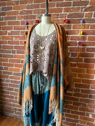 The Softest Farmers Market Fringe Poncho - Brown/Orange/Teal