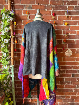 Grateful Dead Inspired Upcycled Silk Patchwork Tie Dye Hi Lo Poncho Top