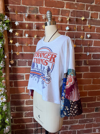 OOAK Autumn Collection- Size Large Stranger Things Patchwork Cropped Bell Sleeve Tee