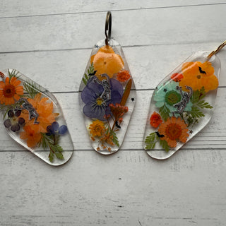 Pressed Flower Dancing Skeleon Keychain - Small Business Made!