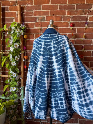 Indigo Sky Fringe Tie Dye Cocoon Shawl Coverup Kimono - 100% Cotton