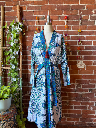 Blue White Long Tapestry Robe Kimono w/ Pockets + Belt - Fair Trade Made