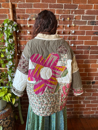 OOAK Winter Collection - Size Medium Oversized Upcycled Quilted Patchwork Kantha Flower Jacket