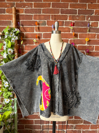 OOAK Summer Collection - Upcycled Kantha Crescent Moon Patch Patchwork Poncho Style Top 🌙
