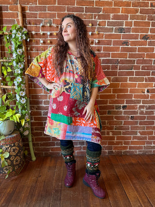 Sierra Dreams Patchwork Upcycled Cotton Kantha Poncho Tunic Hoodie