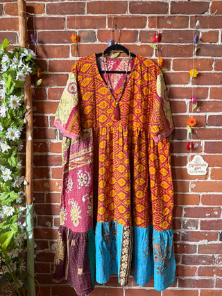 Coffee In The Morning Kantha Dress - Fits up to 3X - 100% Cotton- Fair Trade Made