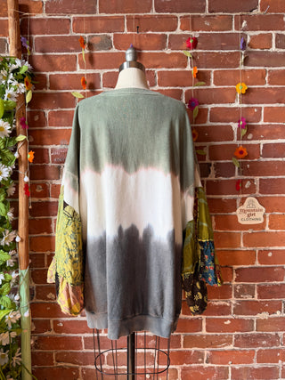 OOAK Summer Collection- Upcycled Patchwork Bell Sleeve Nature Tie Dye Sweatshirt Size XL