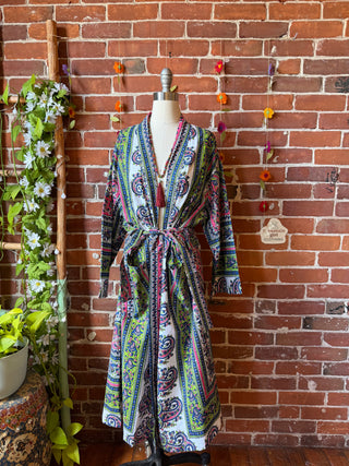 Paisley Purple Green Mandala Long Tapestry Robe Kimono w/ Pockets + Belt - Fair Trade Made