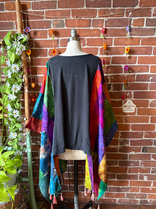 OOAK Autumn Collection- Bob Marley Inspired Upcycled Silk Patchwork Tie Dye Hi Lo Poncho Top