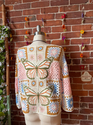 Bohemian Luna Butterfly Crochet Granny Square Sweater - Pink +Blue