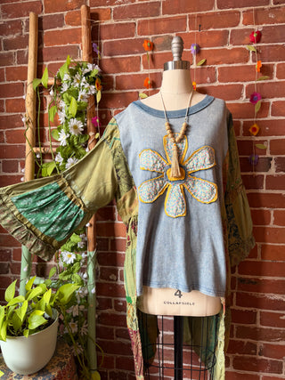 OOAK Summer Collection- Upcycled Patch Patchwork Hi Lo Bell Sleeve Top