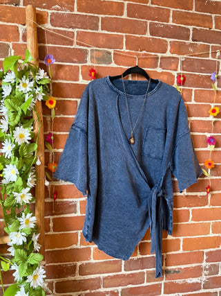 100% Cotton Afternoon Stroll Wrap Kimono Top - Dusty Blue