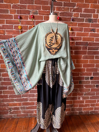 Grateful Dead Inspired Sage/Brown Embroidered Poncho