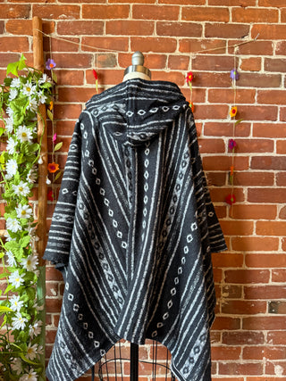 Black/White Brushed Woven 100% Cotton Hooded Poncho
