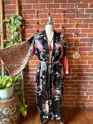 OOAK Summer Collection- Upcycled Long Silky Kimono Robe with Kantha Bell Sleeves